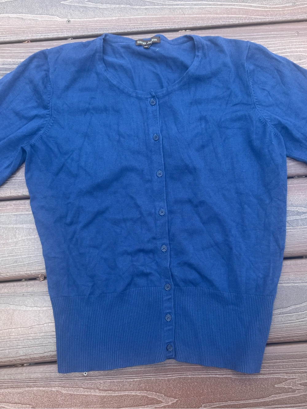 Woman’s Blue Button-Front Crewneck Cardigan - Picture 4 of 12